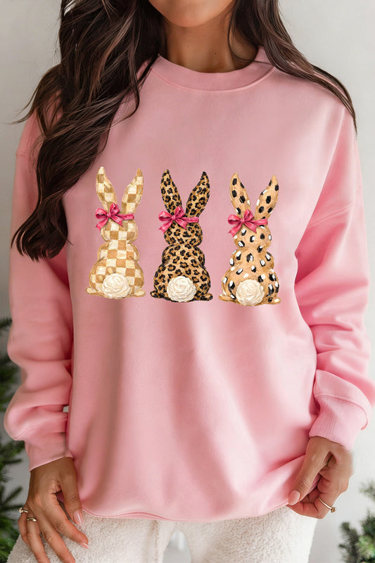 Pink Checkered Leopard Easter Bunny Dropped Shoulder Sweatshirt