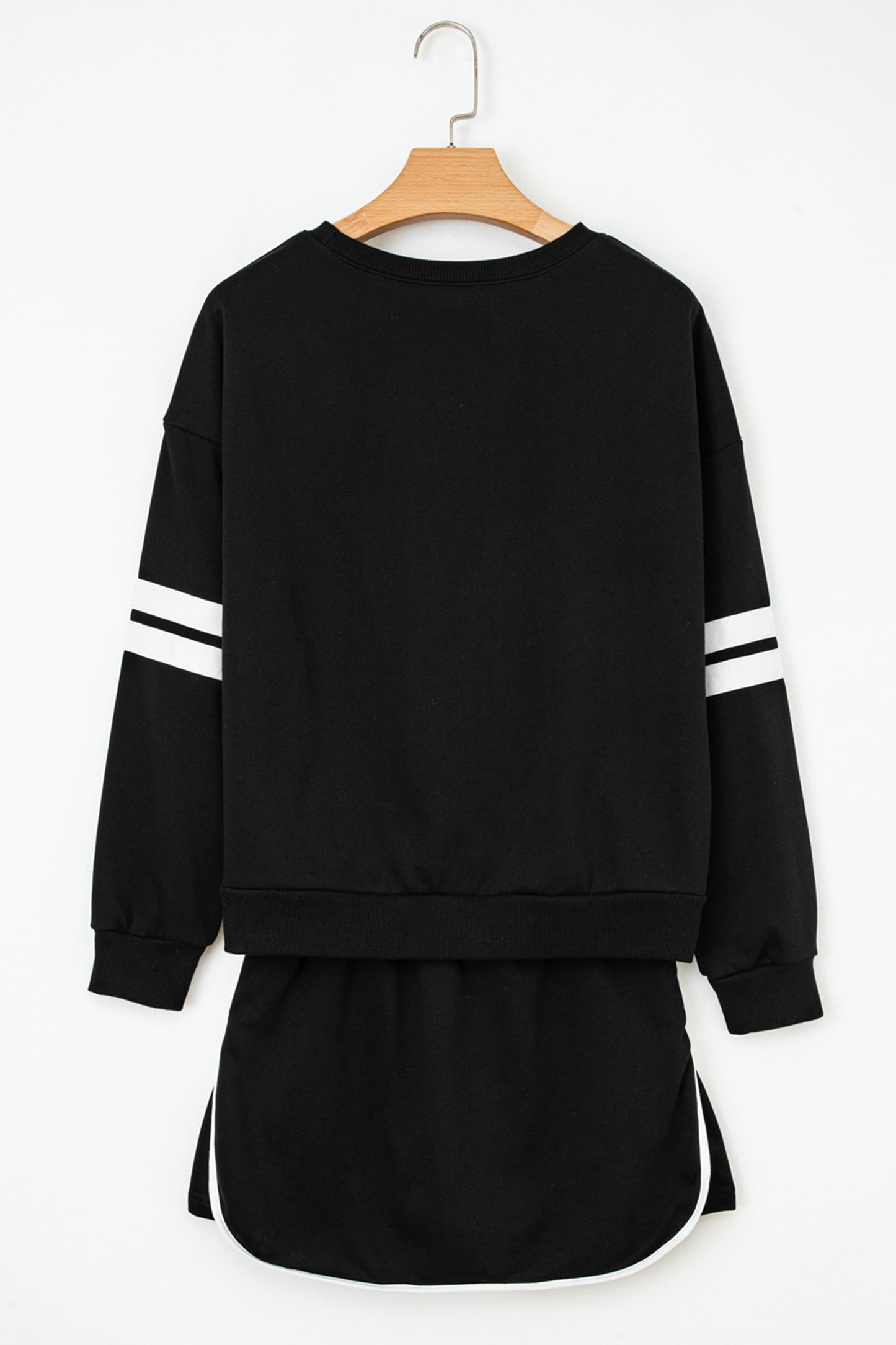 Black Rhinestone Pumpkin Graphic Varsity Striped Long Sleeve Top Drawstring Mini Skort 2pcs Set