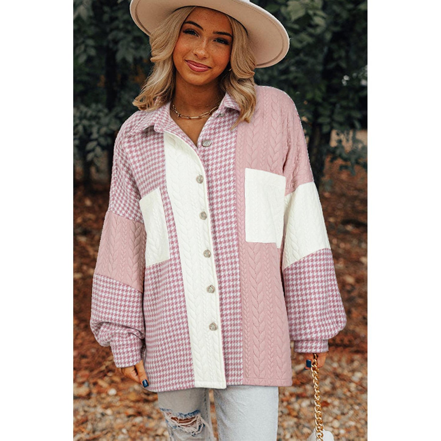 Pink Houndstooth Textured Patchwork Loose Shacket