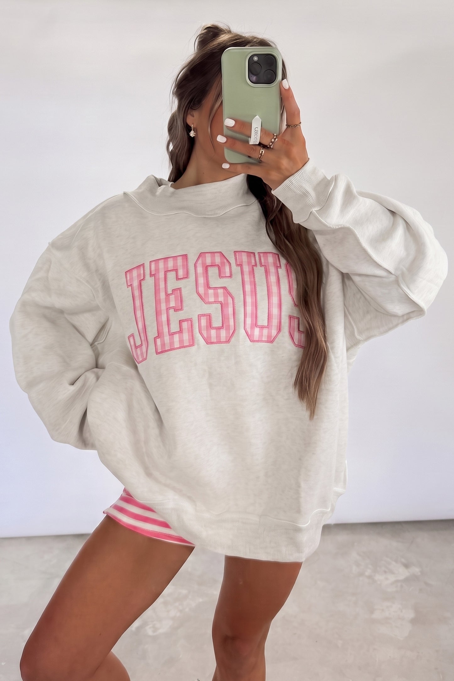 Light Grey High Neck Polka Dot Slogan Printed Baggy Sweatshirt