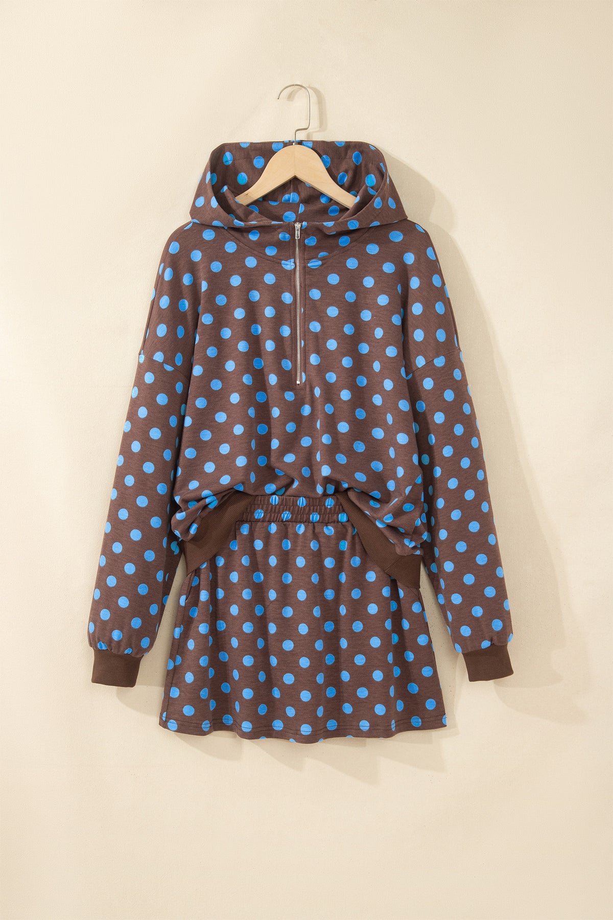 Pink Polka Dot Hooded Long Sleeve Top Casual Mini Skort Set