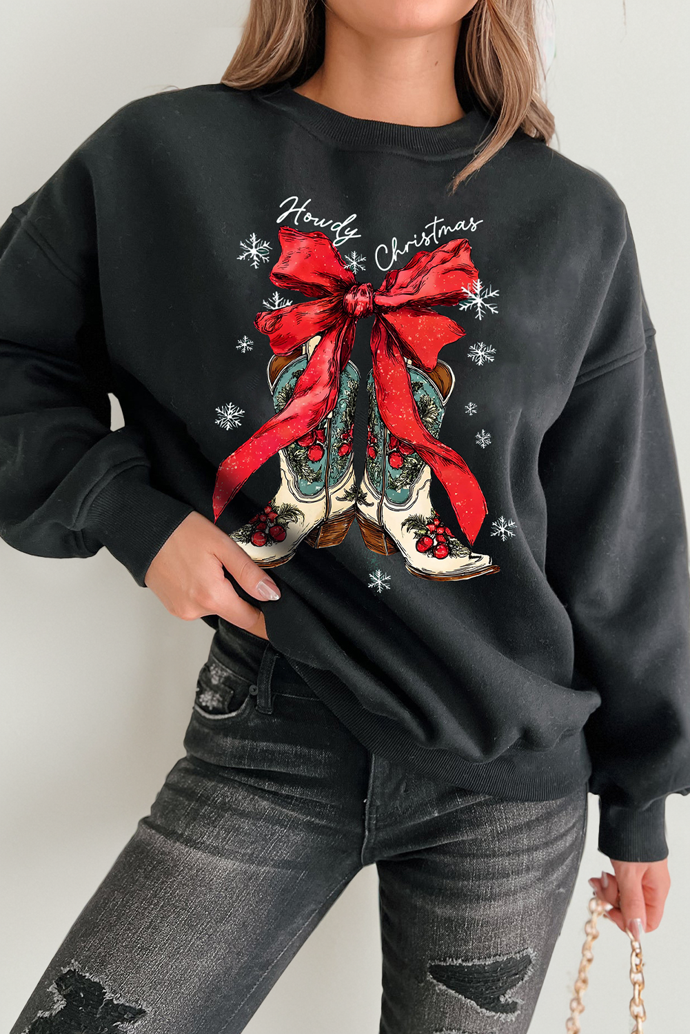 Black Howdy Christmas Ribbon Bow Knot Western Boots Graphic Sweatshirt