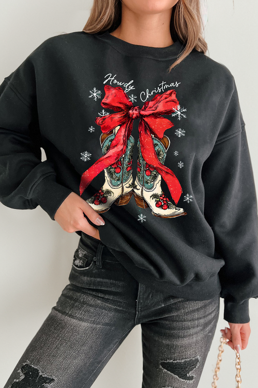 Black Howdy Christmas Ribbon Bow Knot Western Boots Graphic Sweatshirt