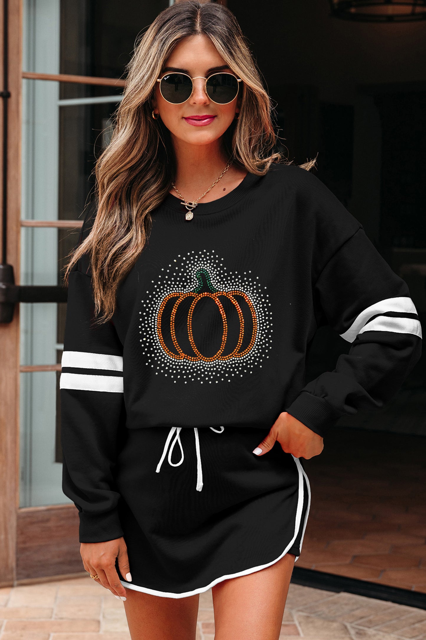 Black Rhinestone Pumpkin Graphic Varsity Striped Long Sleeve Top Drawstring Mini Skort 2pcs Set