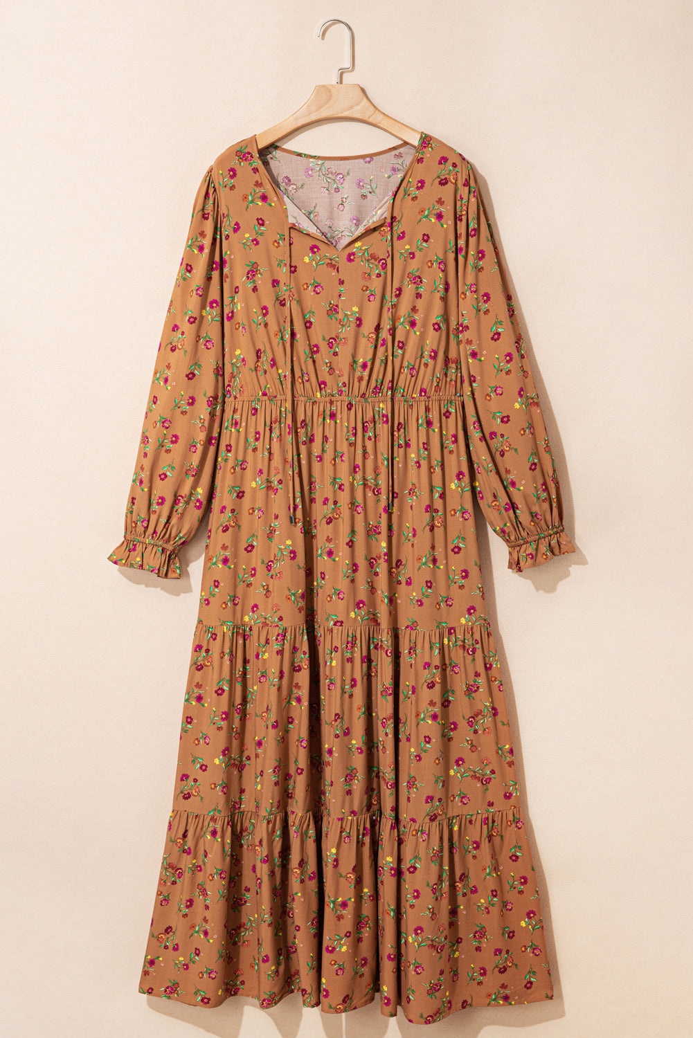 Brown Plus Size Floral Split V Neck Ruffled Sleeve Tiered Maxi Dress