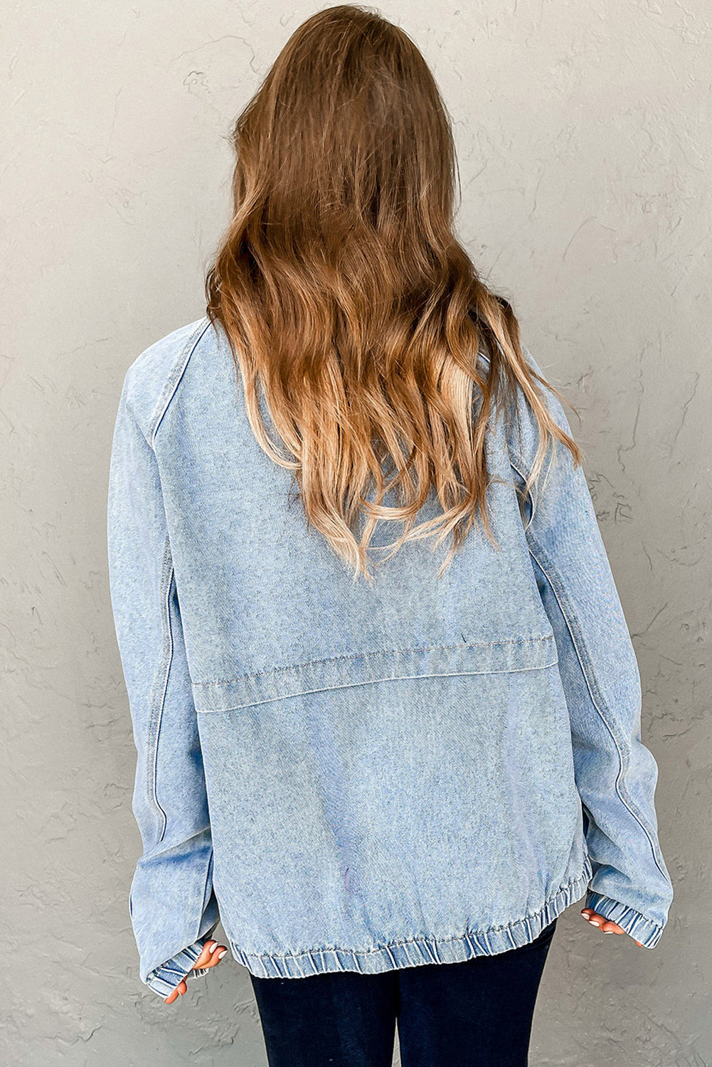 Myosotis Elastic Hem Collared Zip Up Denim Jacket