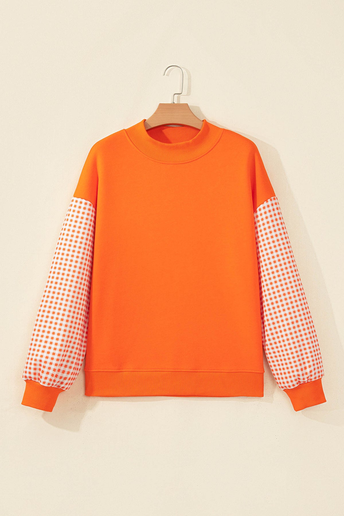 Coffee Plaid Sleeve Colorblock Loose Tunic Sweatshirt