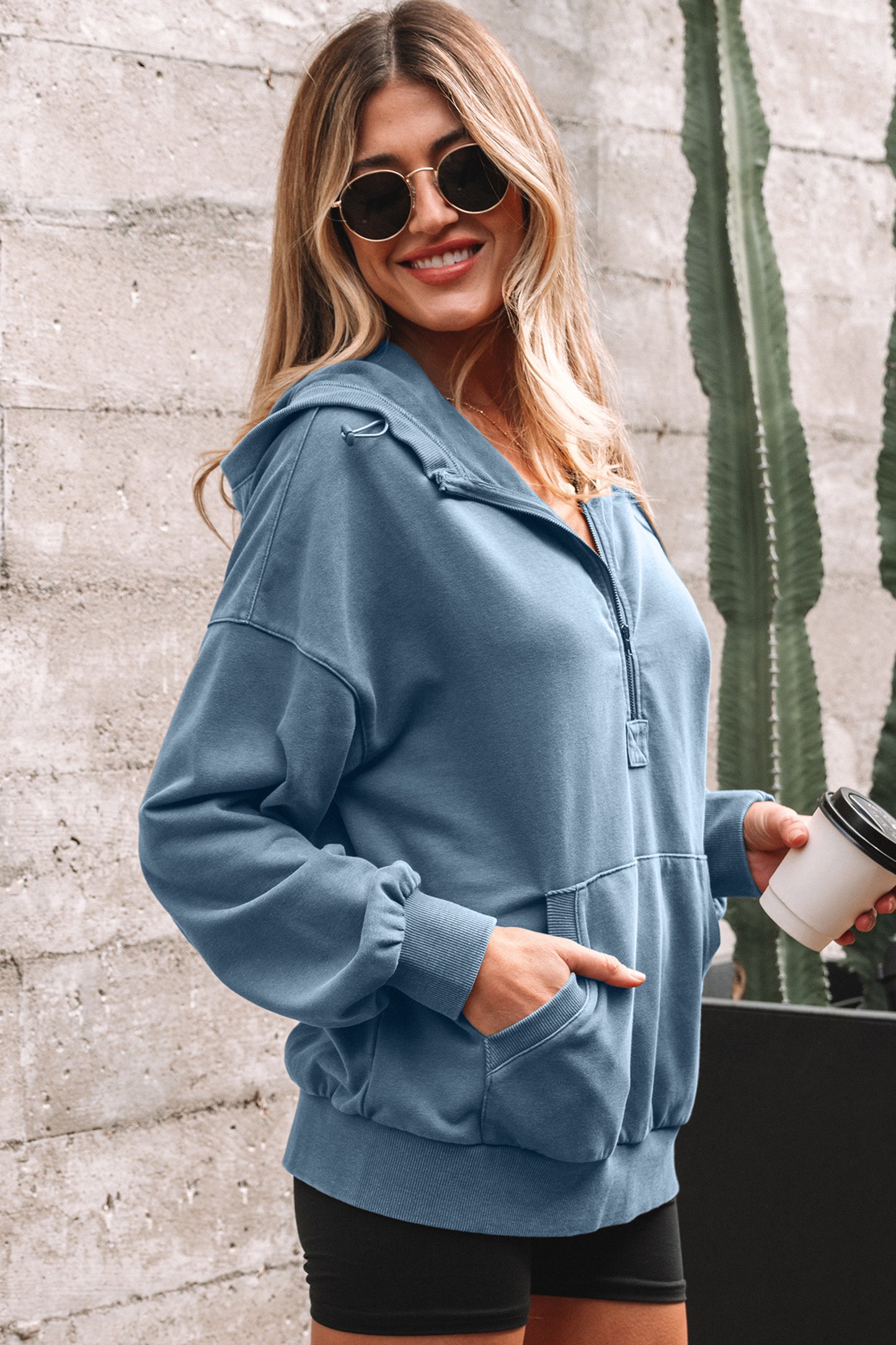 Black Half Zip Kangaroo Pocket Mineral Wash Baggy Hoodie