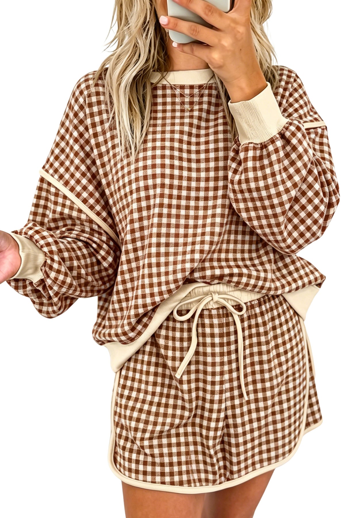Red Gingham Oversized Ribbed Trim Crew Neck Long Sleeve Top and Skort Set