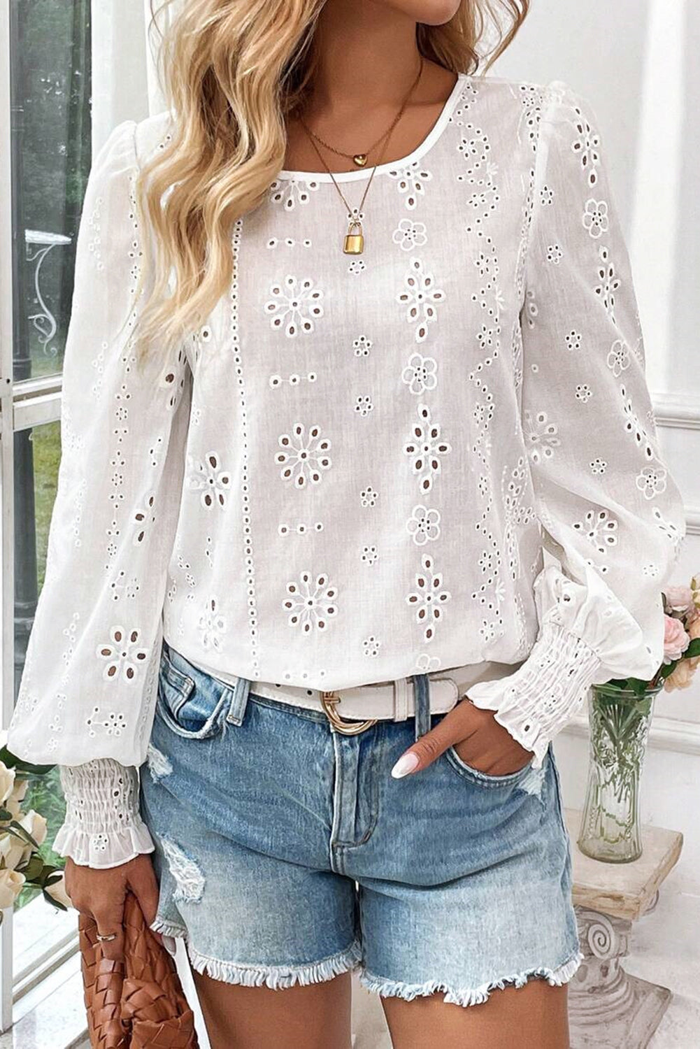 White Eyelet Embroidered Smocked Cuffs Blouse
