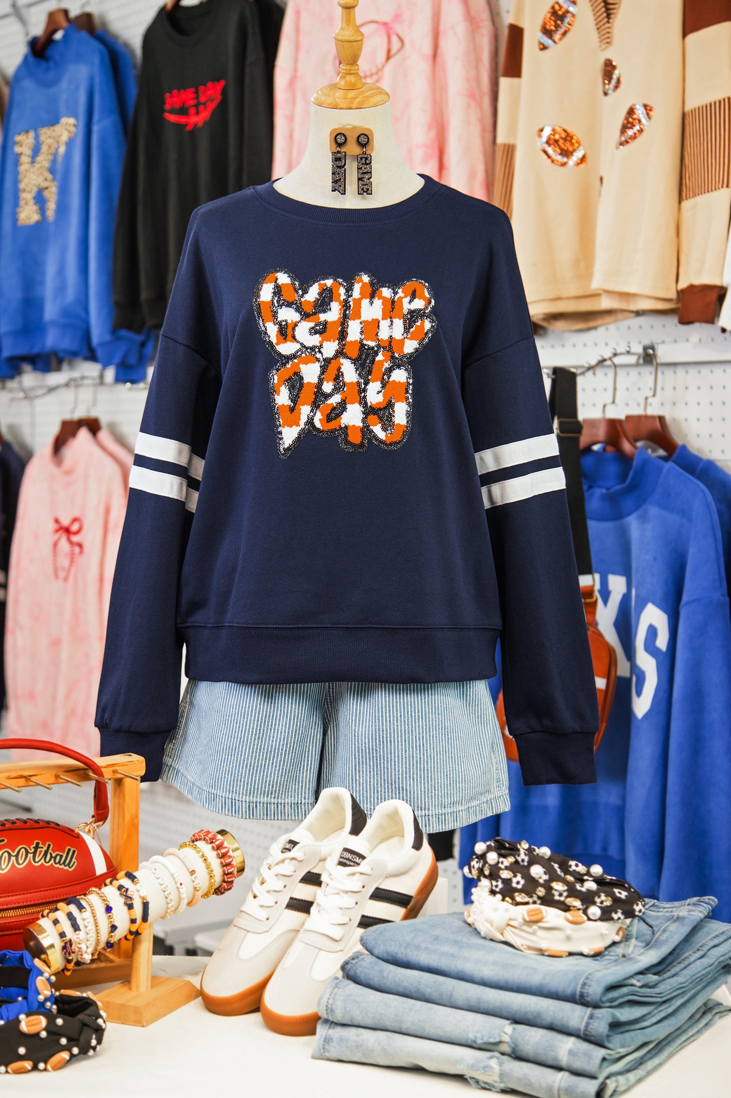 Navy Blue Game Day Chenille Checkered Letter Graphic Oversized Varsity Sweatshirt