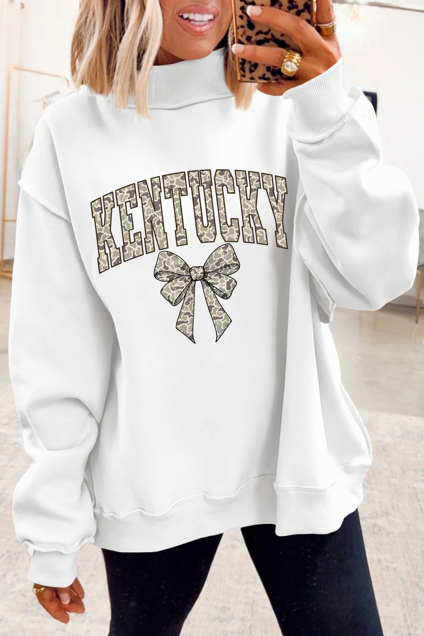 White Camo Letter Bow Printed KENTUCKY Mock Neck Reversible Sweatshirt