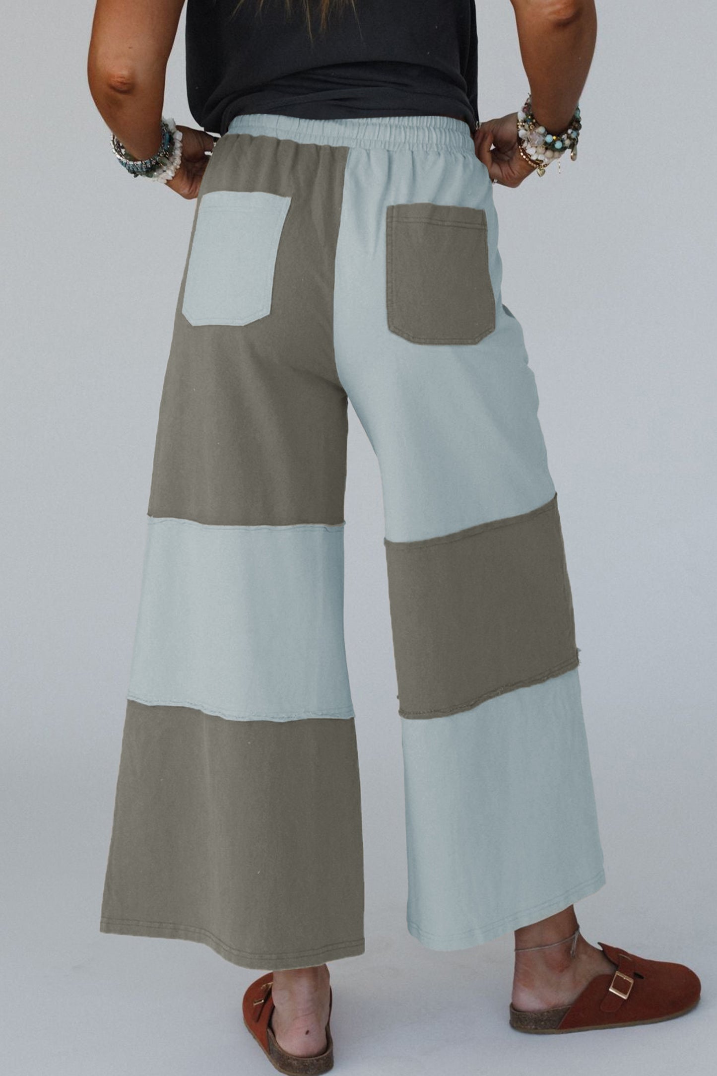 Russet Orange Raw Seam Colorblock Wide Leg Ankle Length Casual Pants