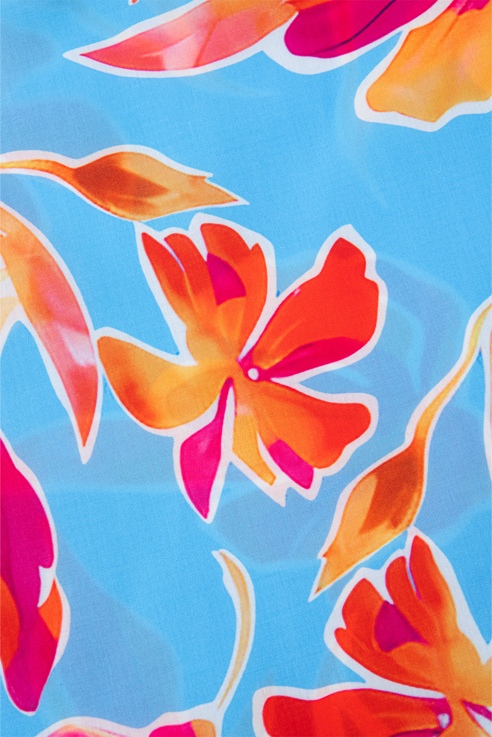 Sky Blue Floral Print V Neck Pompom Trim Flutter Sleeve Blouse