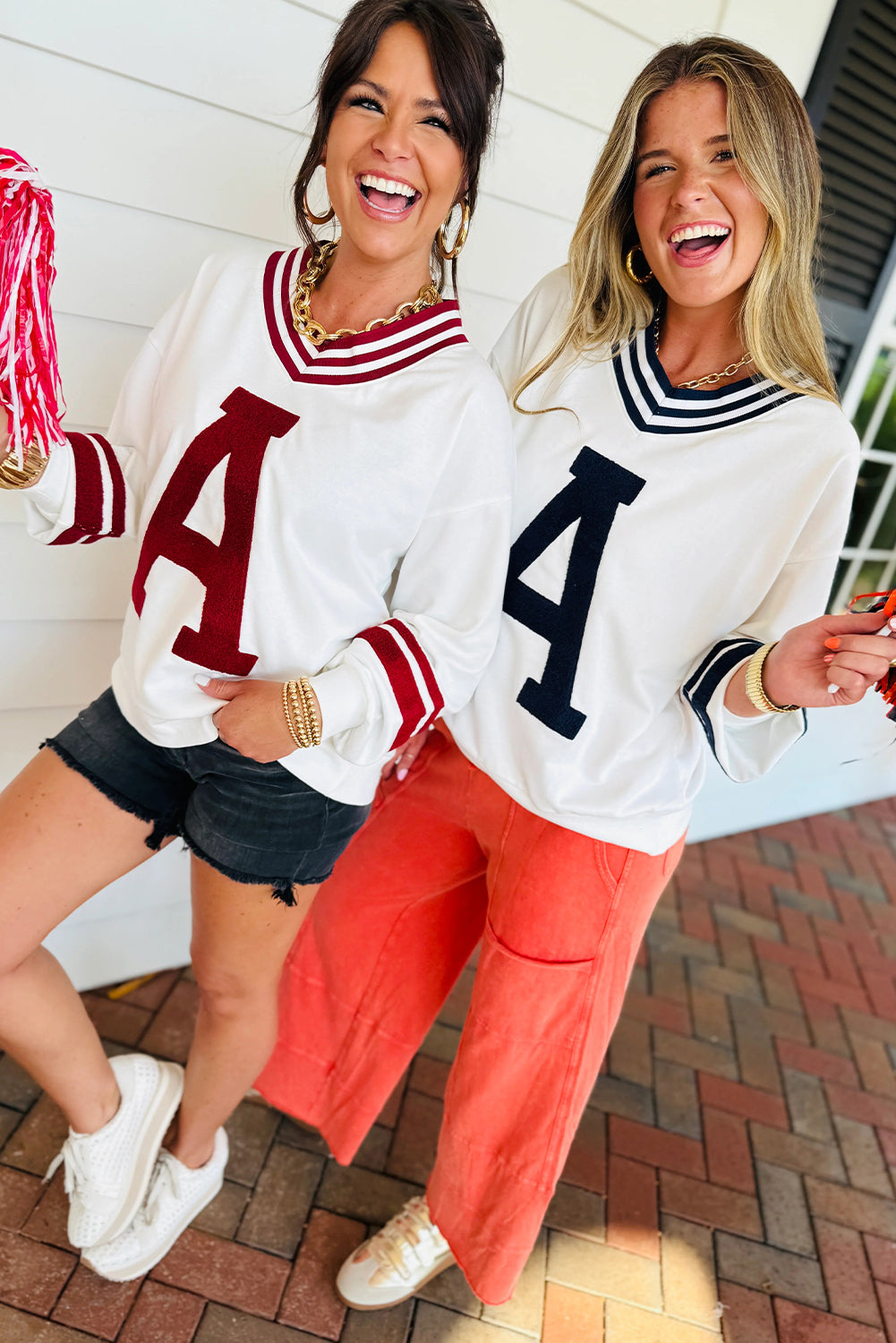 Red Dahlia Chenille Letter A Varsity Striped V Neck Sweatshirt