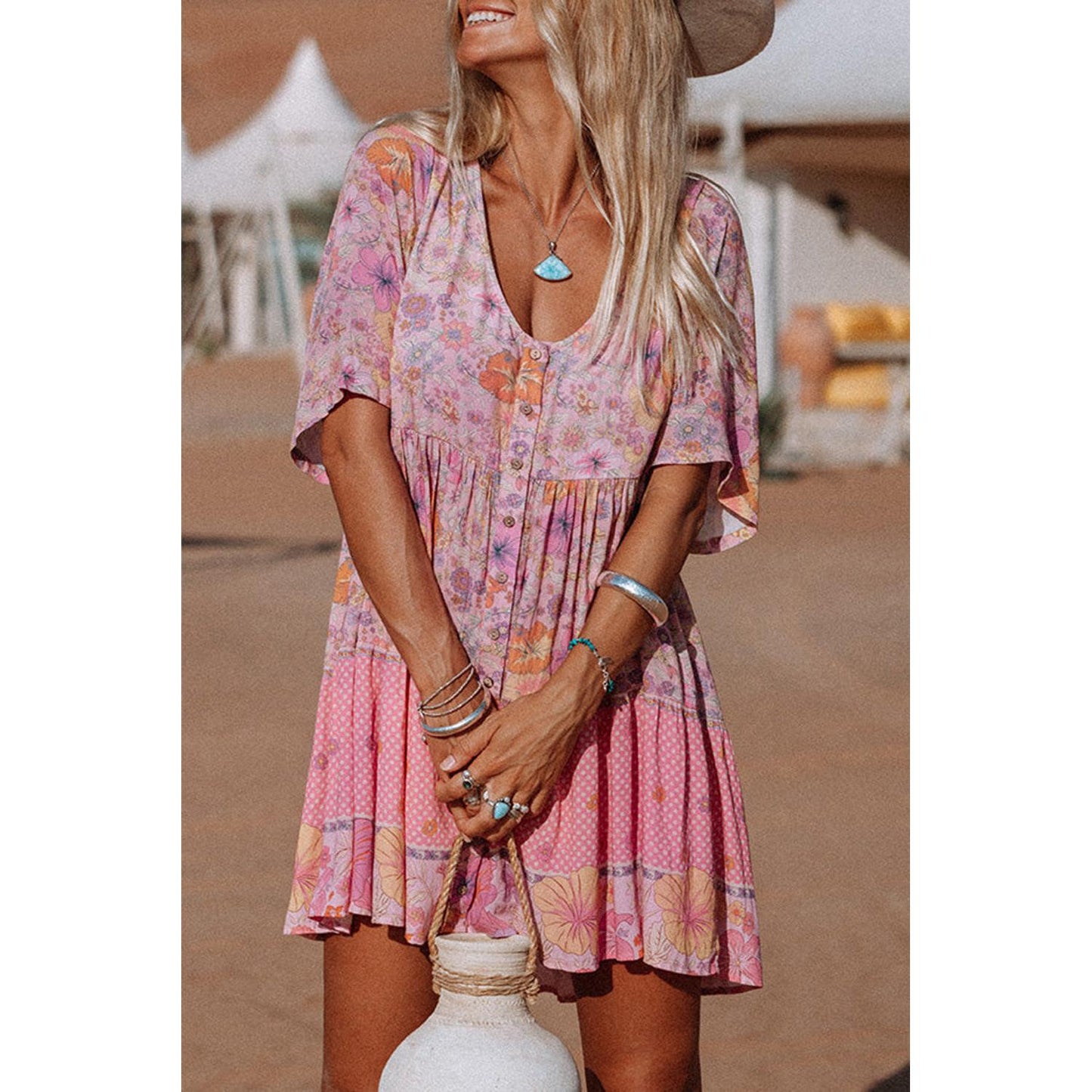 Multicolor Hibiscus Floral Print Ruffle Short Dress