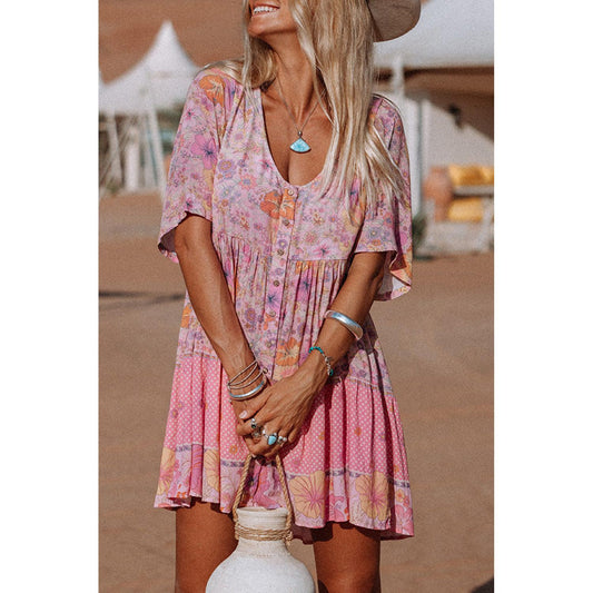 Multicolor Hibiscus Floral Print Ruffle Short Dress