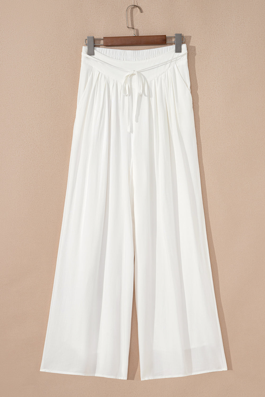 White Solid Pleated Loose Wide Leg Pants