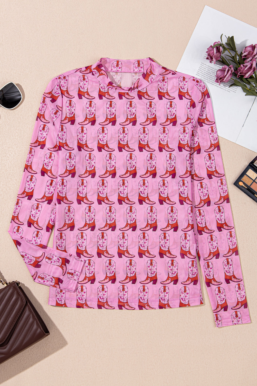 Pink Cowgirl Boots Printed Mock Neck Long Sleeve Mesh Top