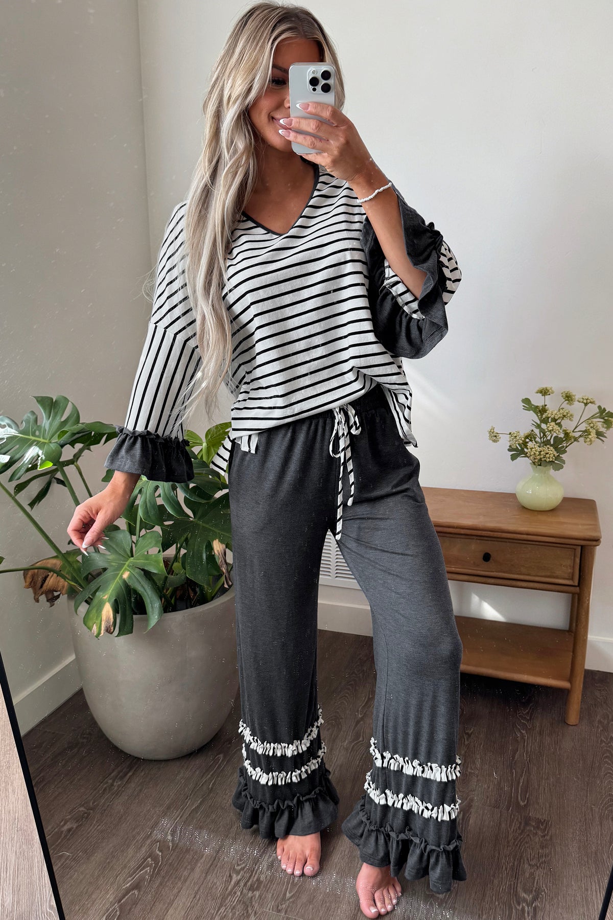 Blue Stripe V Neck Ruffle Contrast Sleeve Top Drawstring Pants 2pcs Set