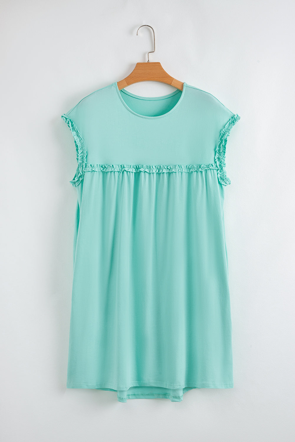 Mint Green Frilled Trim Crew Neck Loose Fit Mini Dress