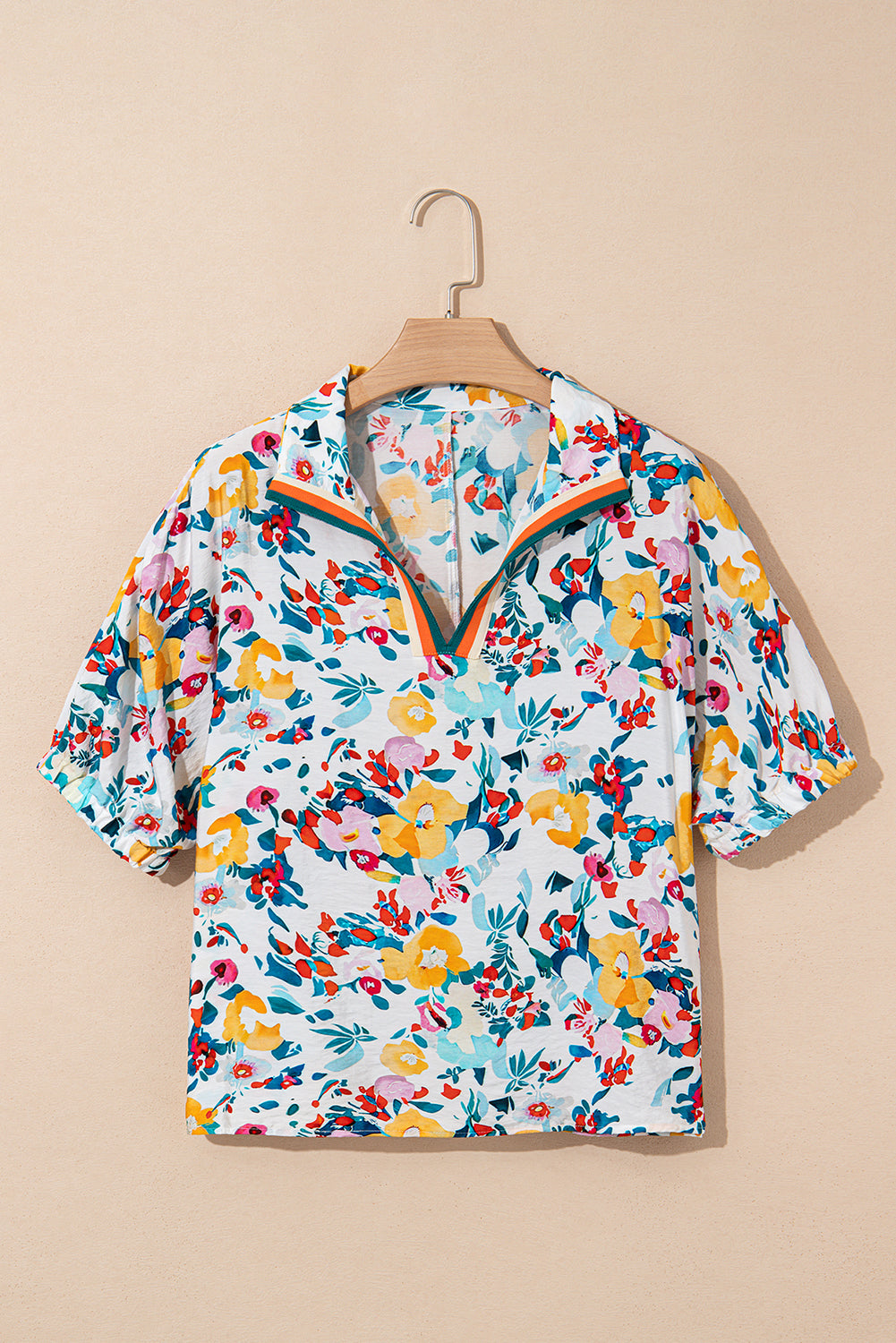 Peacock Blue Floral Print Slit V Neck Short Sleeve Blouse