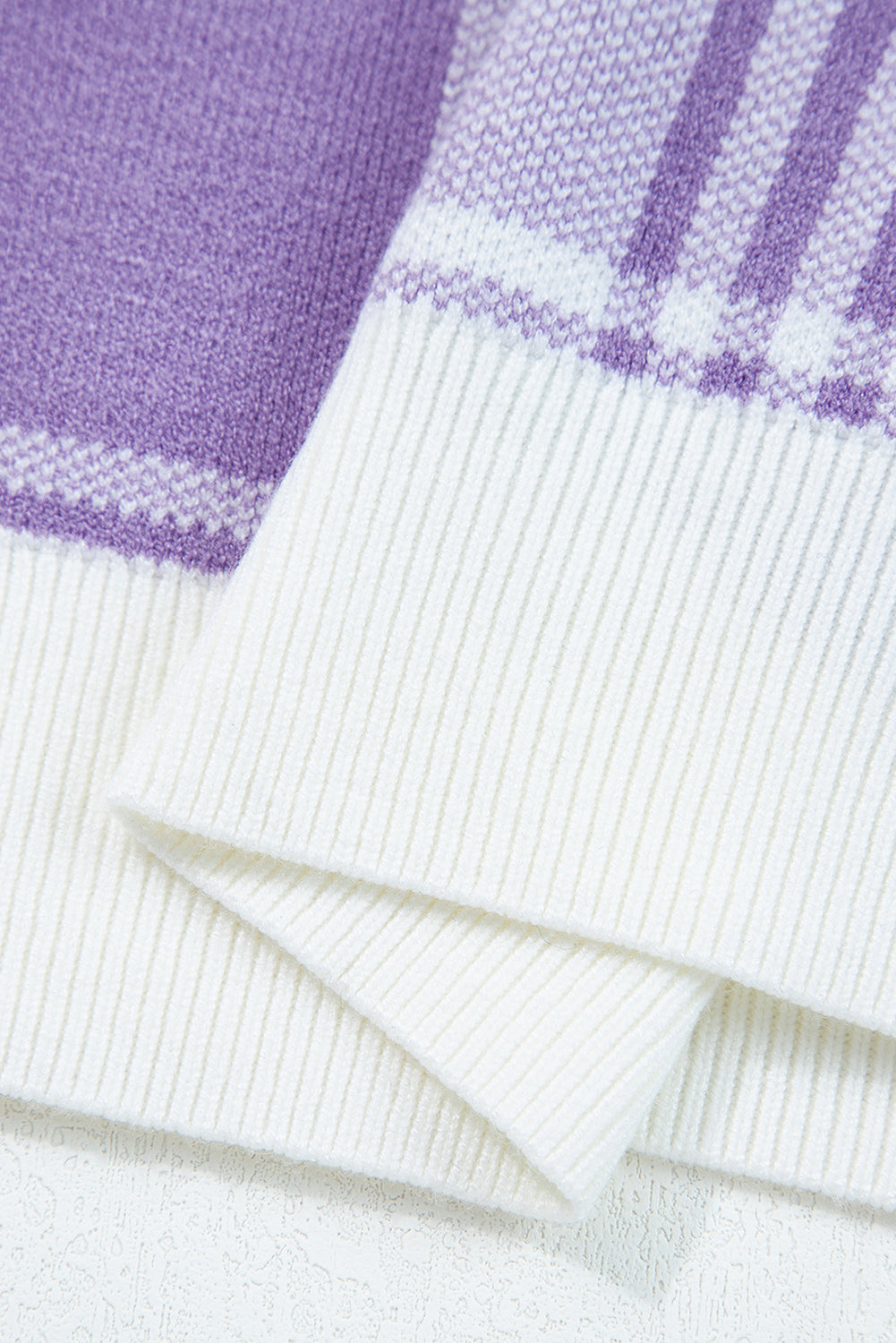 Lilac Plaid Print Ribbed Trim Loose Sweater