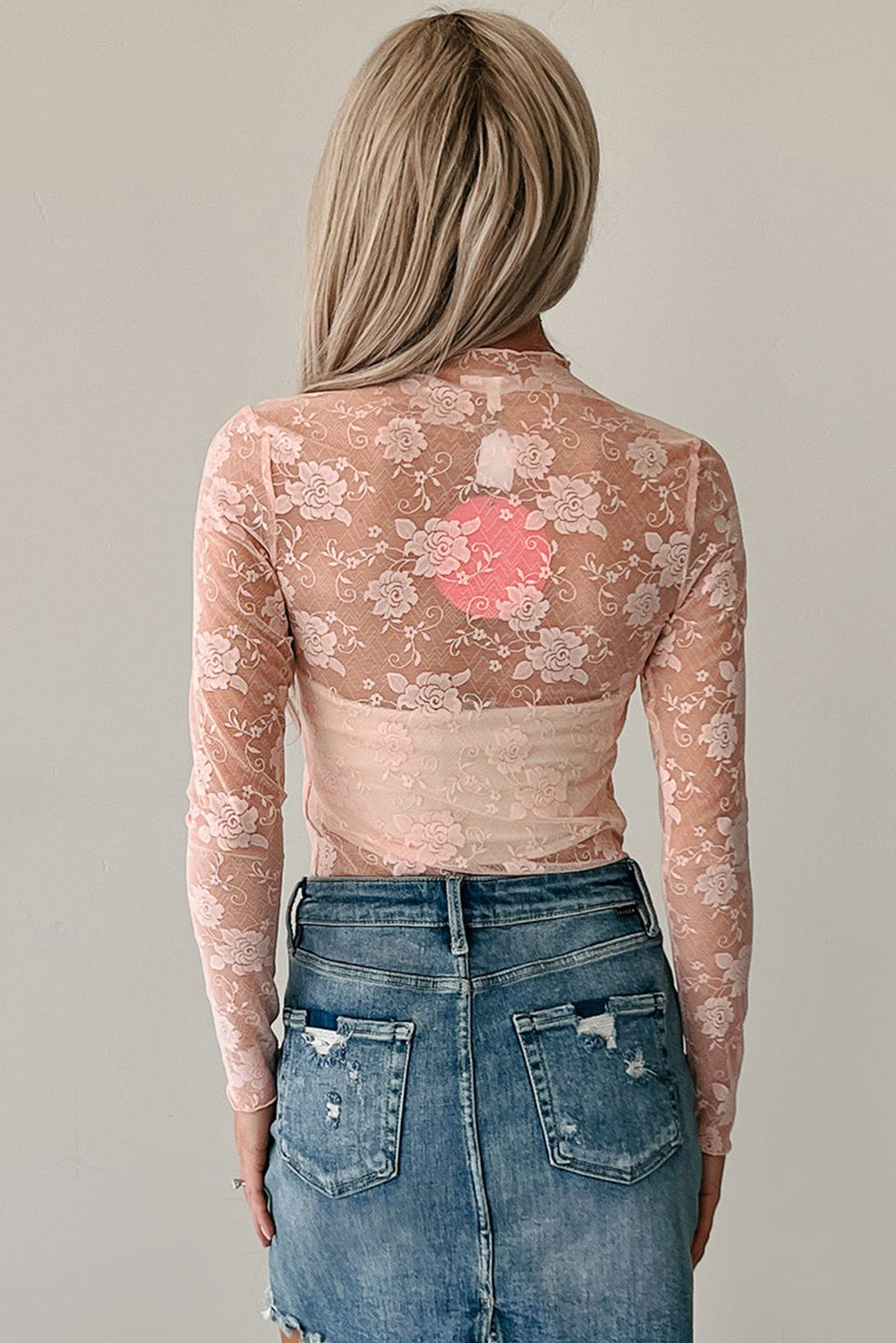 Apricot Pink Mock Neck Floral Lace Mesh Long Sleeve Top