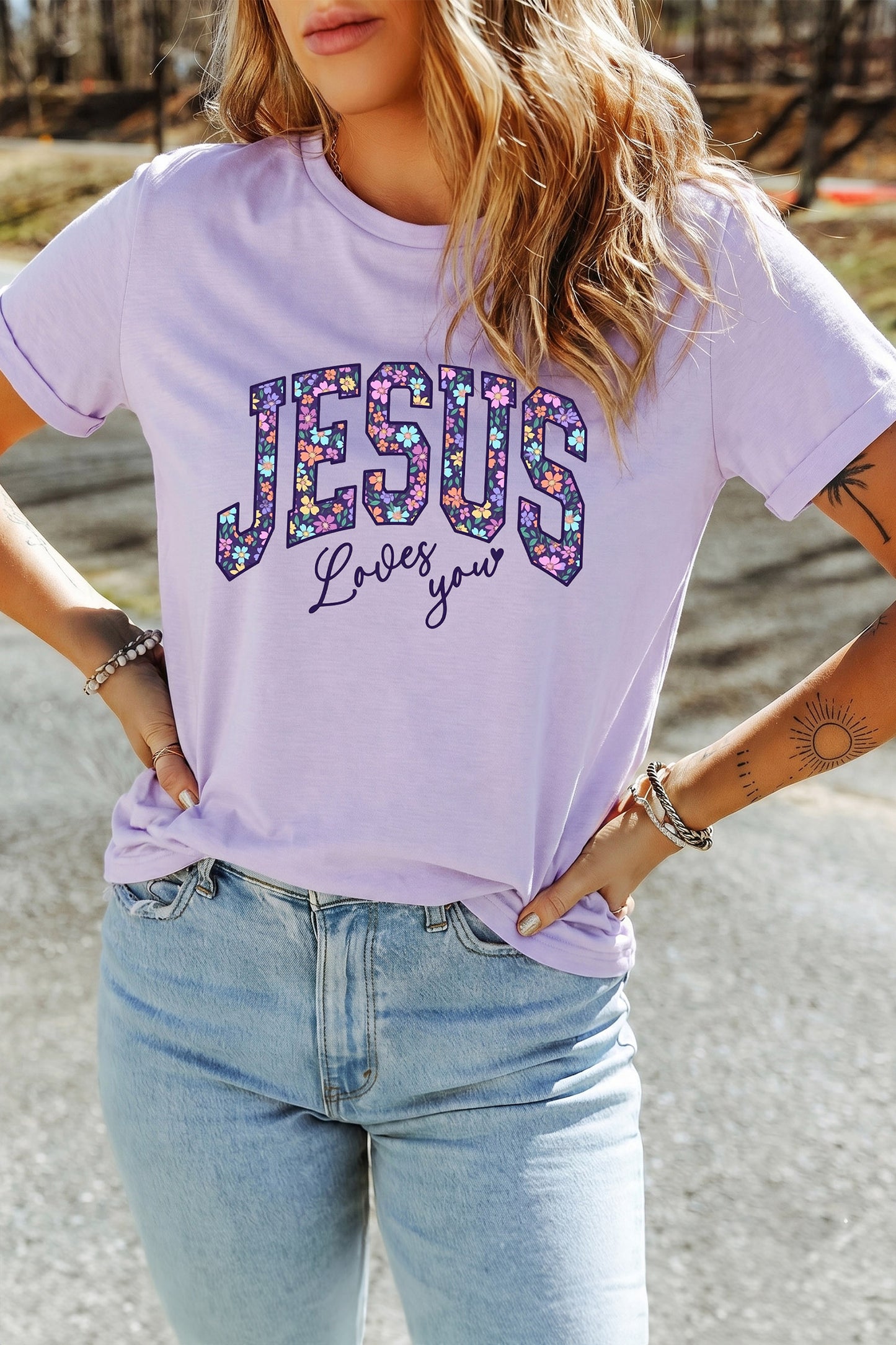 Orchid Petal Christian Floral Letter Graphic Round Neck T Shirt