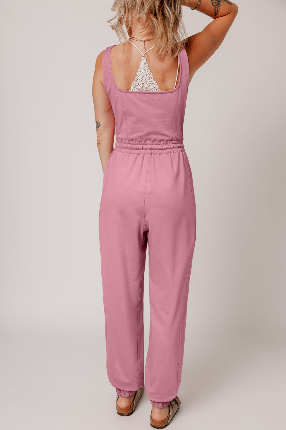 Light Pink Lace-up Elastic Waist Sleeveless Square Neck Jumpsuit