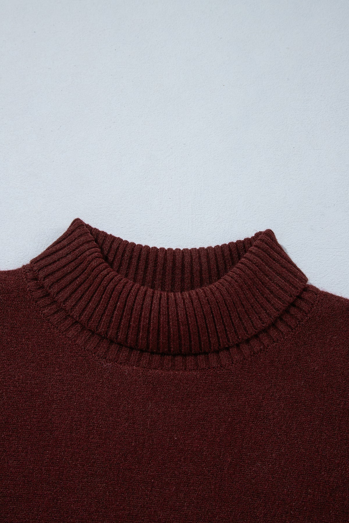 Burgundy Ribbed Trim High Neck Short Sleeve Casual Sweater