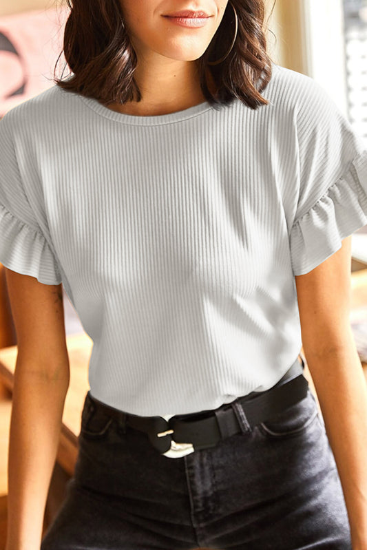 White Solid Color Ribbed Ruffled Short Sleeve T Shirt