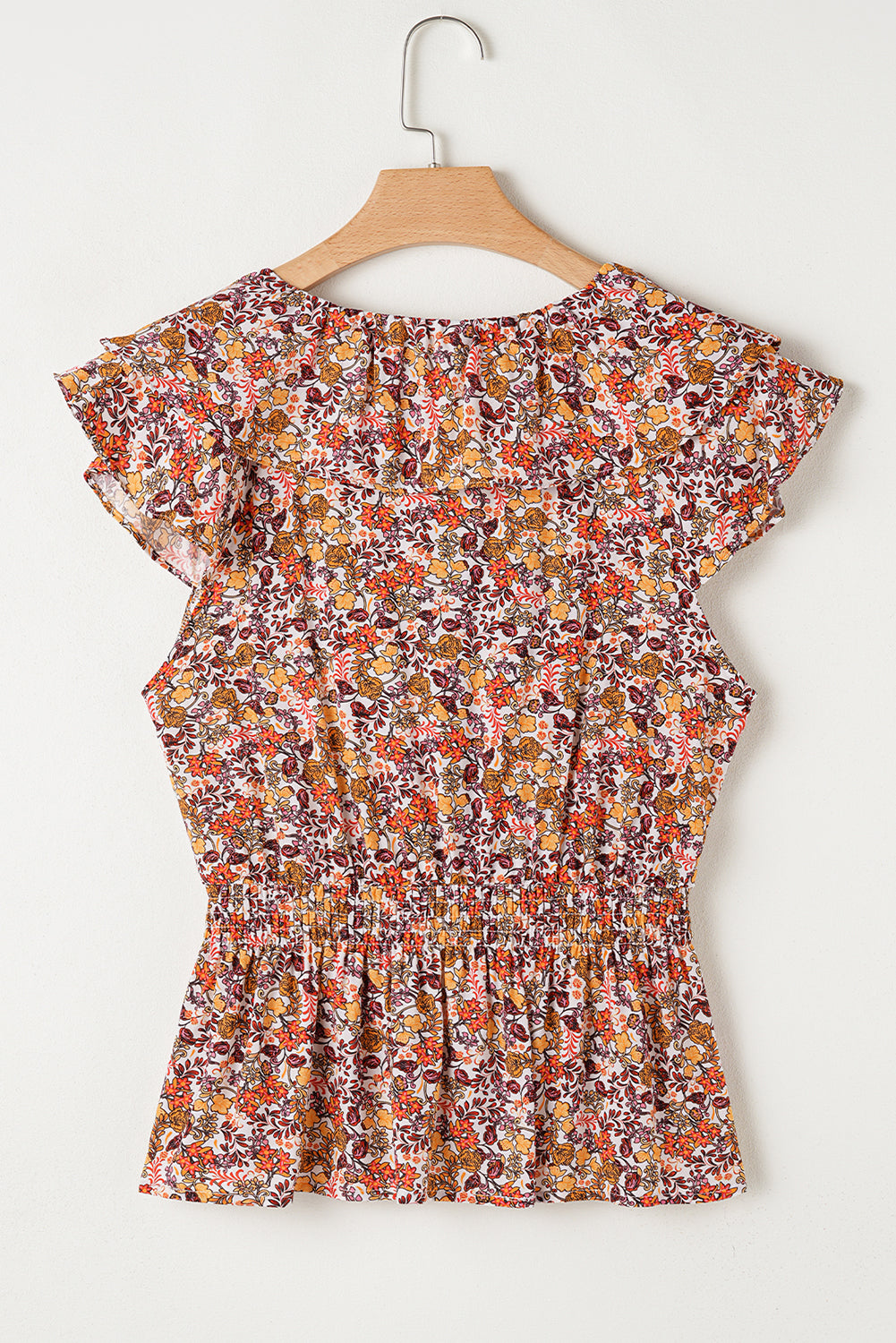 Red Floral Print Knot V Neck Ruffled Sleeve Blouse