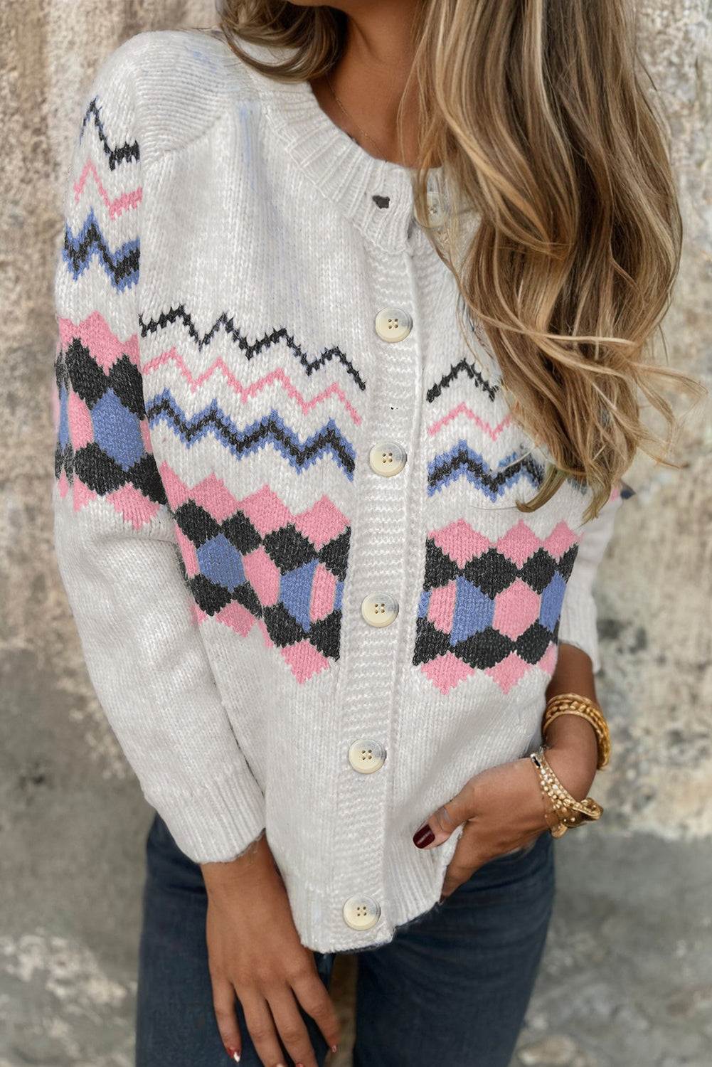 Pink Stripe Geometric Button Up Sweater Cardigan