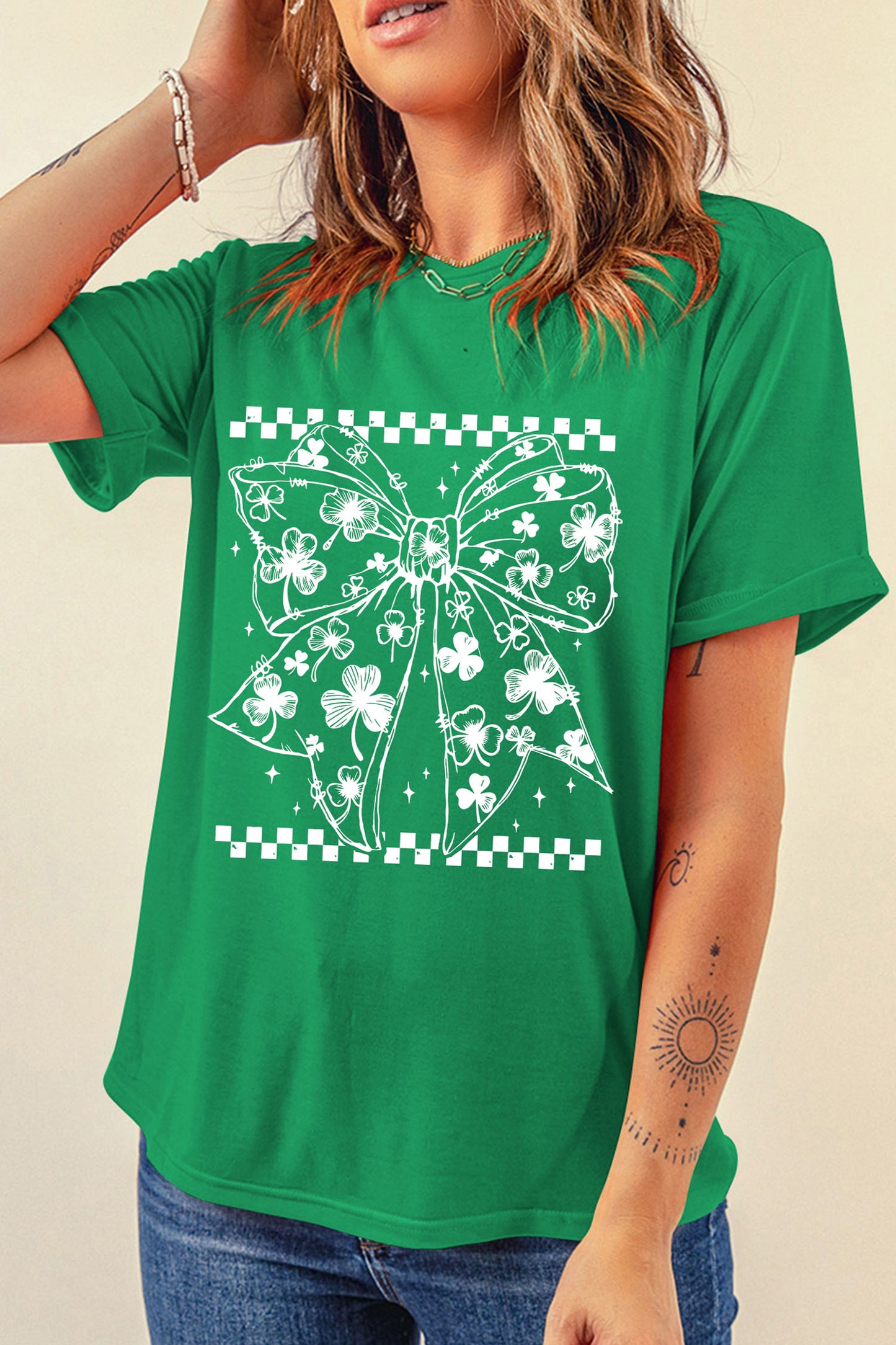Bright Green Cute Clover Bow Checkered Detail Casual T Shirt