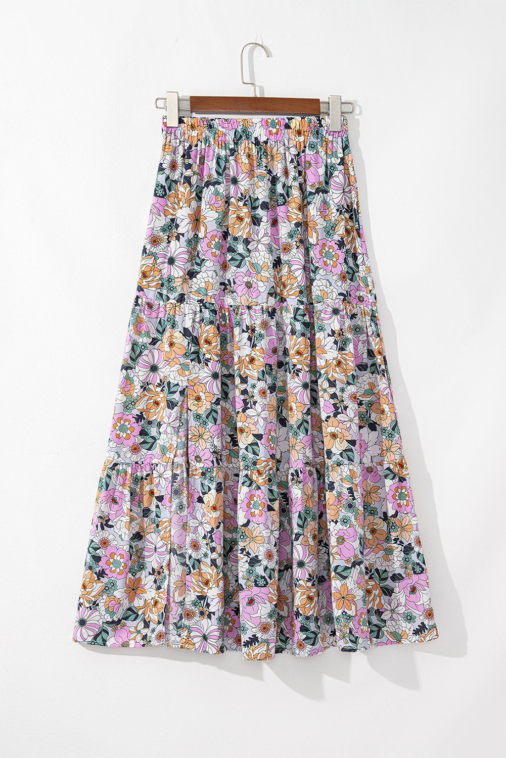 Blue Bohemian Floral Print Tiered Maxi Skirt with Split