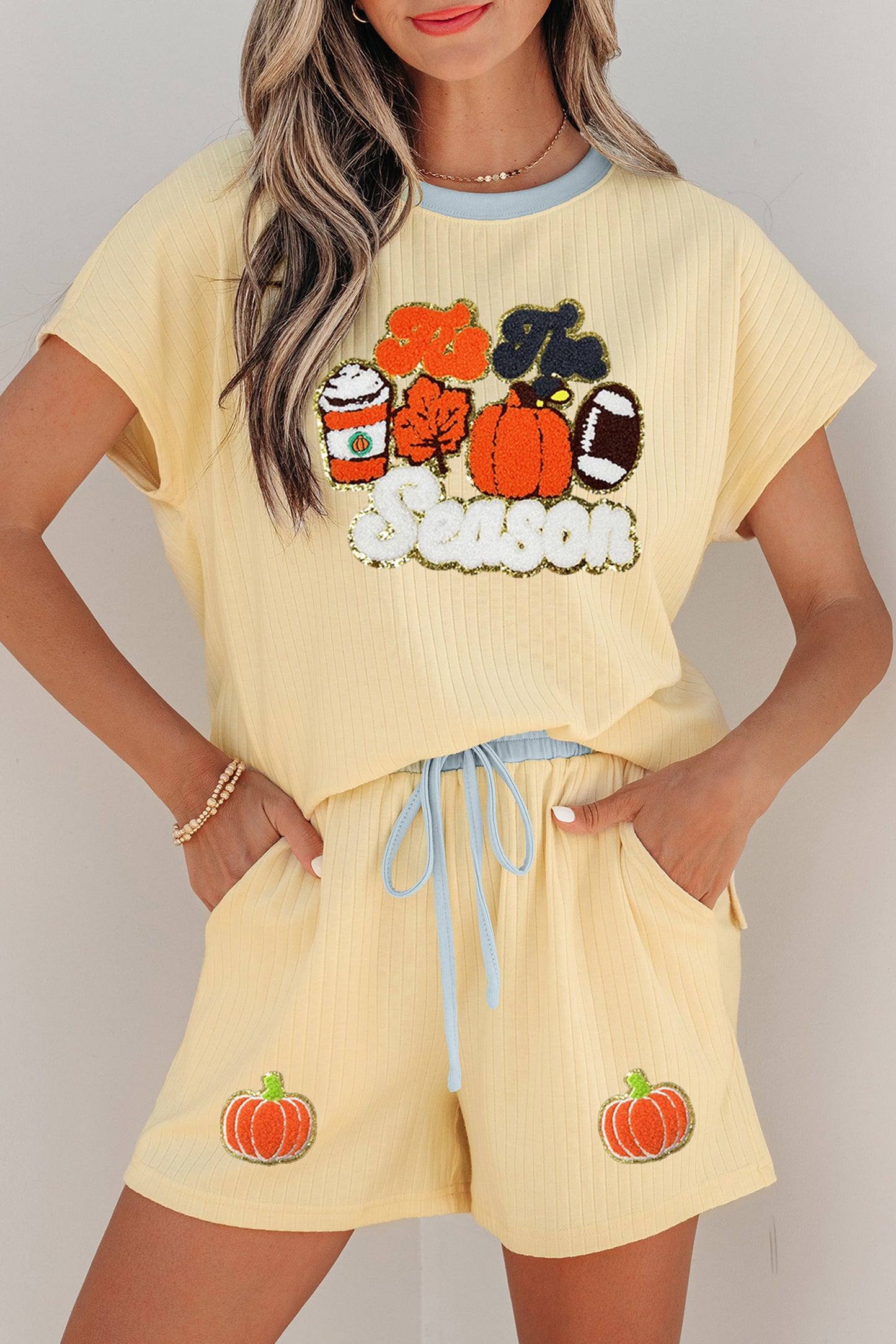 Yellow Cream Ribbed Color Block Trim Chenille Pumpkin Patchwork Graphic Short 3pcs Set