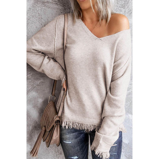 Exposed Seam Fringe Hem V-Neck Long Sleeve Sweater Knitwear Nylon