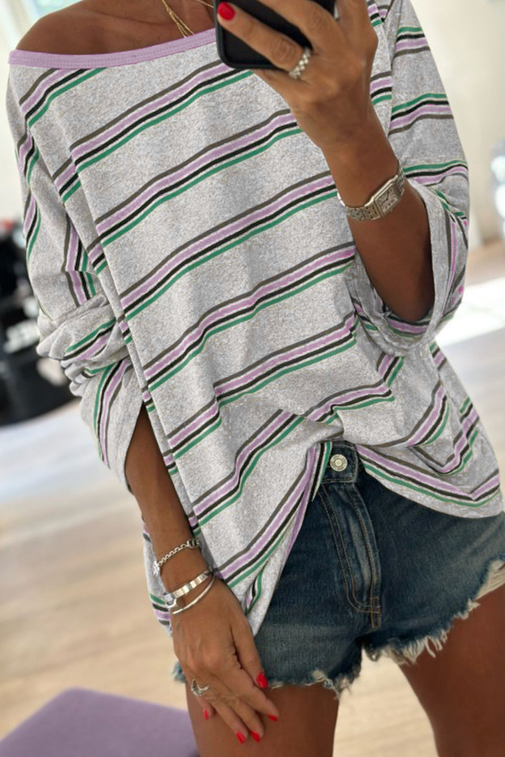 Purple Stripe Oversize Drop Shoulder Long Sleeve Casual Top