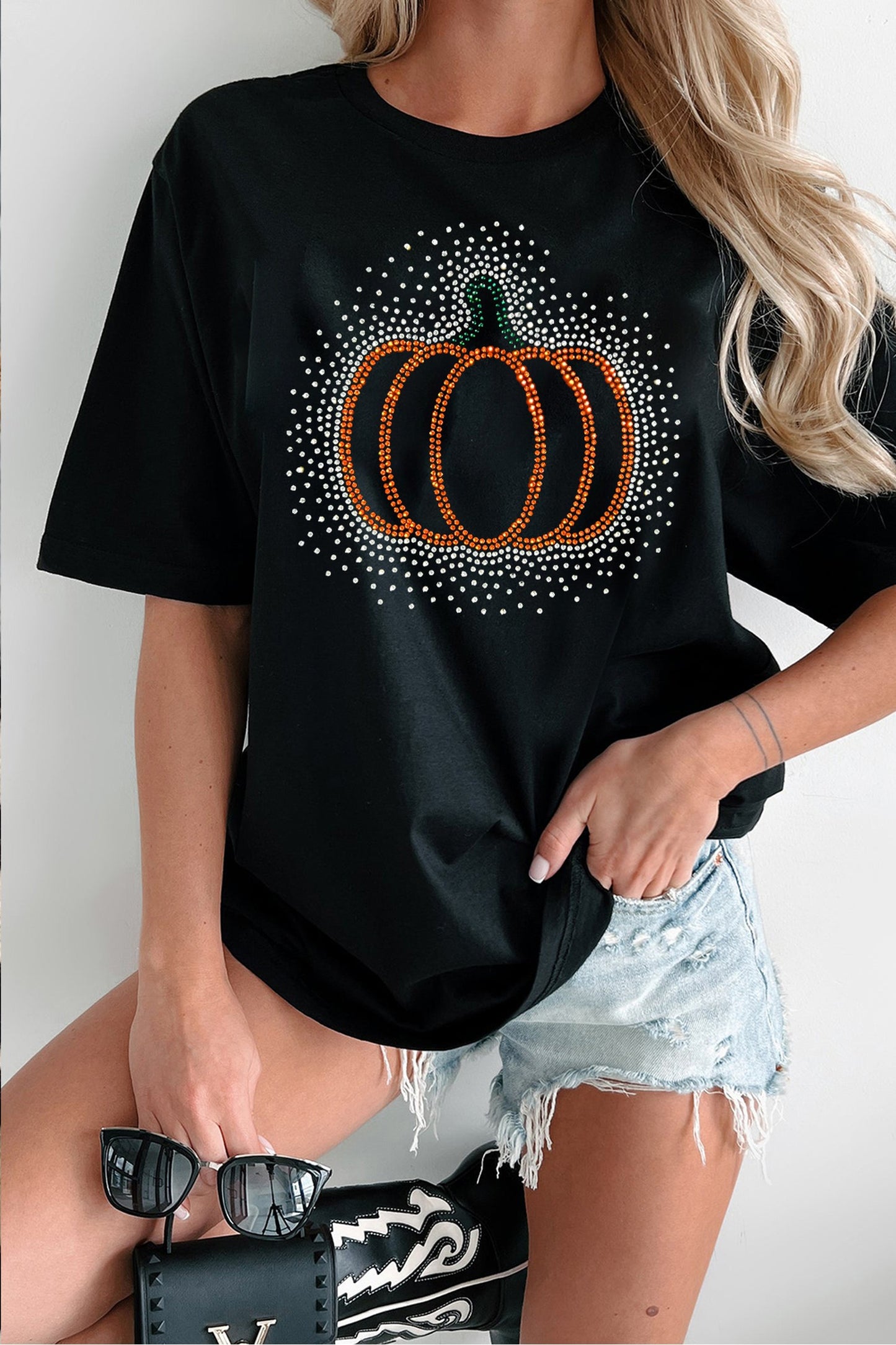 Black Rhinestone Pumpkin Graphic Casual Short Sleeve Tee