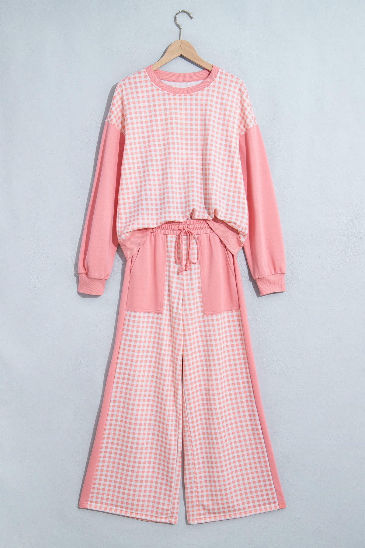 Green Color Block Plaid Patchwork Long Sleeve Pullover Wide Leg Pant Set