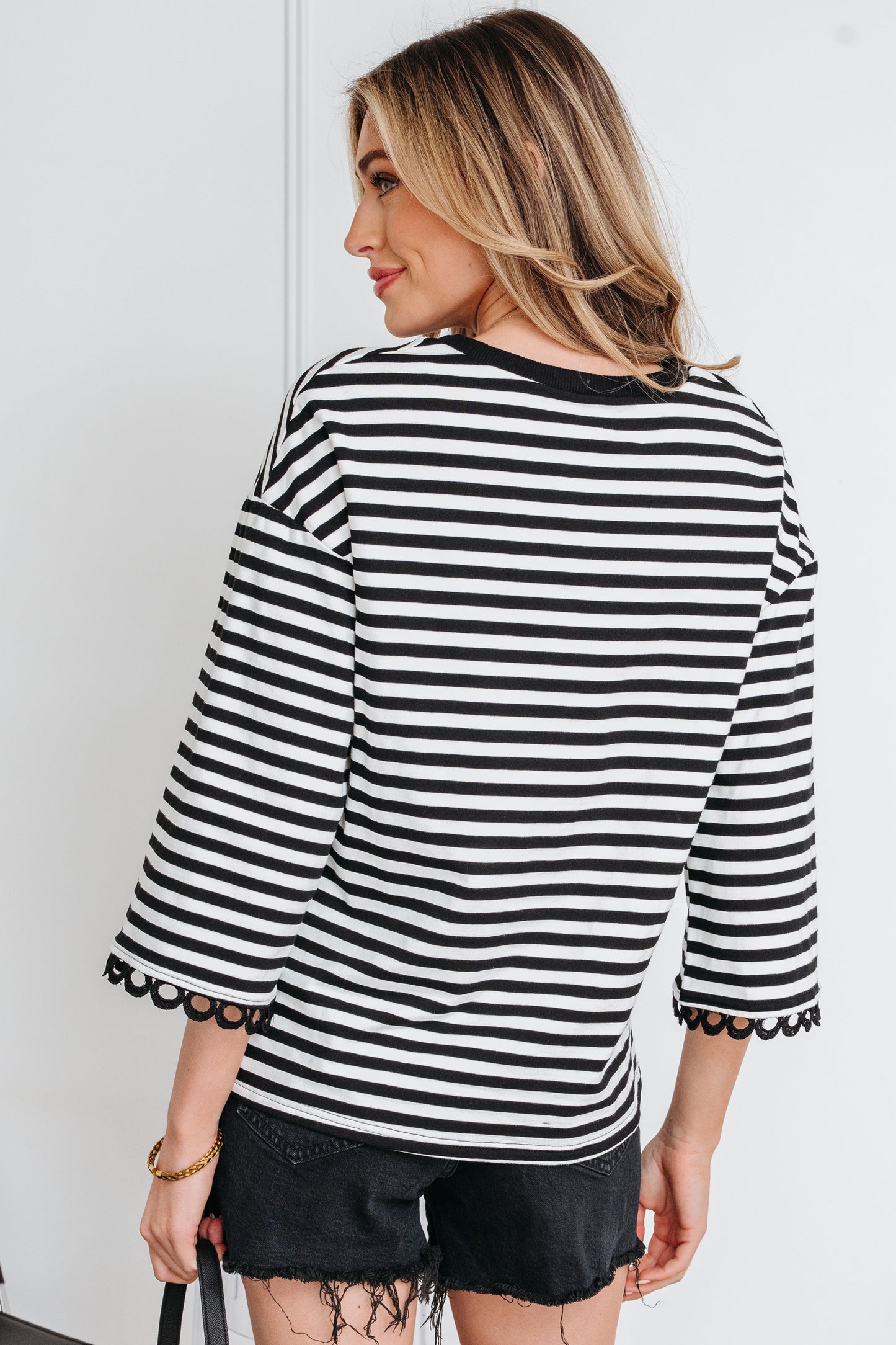 Sachet Pink Striped Print Drop Shoulder Lace Trim Bracelet Sleeve Loose Top