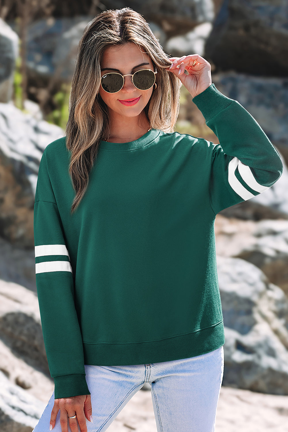 Sky Blue Varsity Striped Detail Drop Shoulder Oversized Sweatshirt