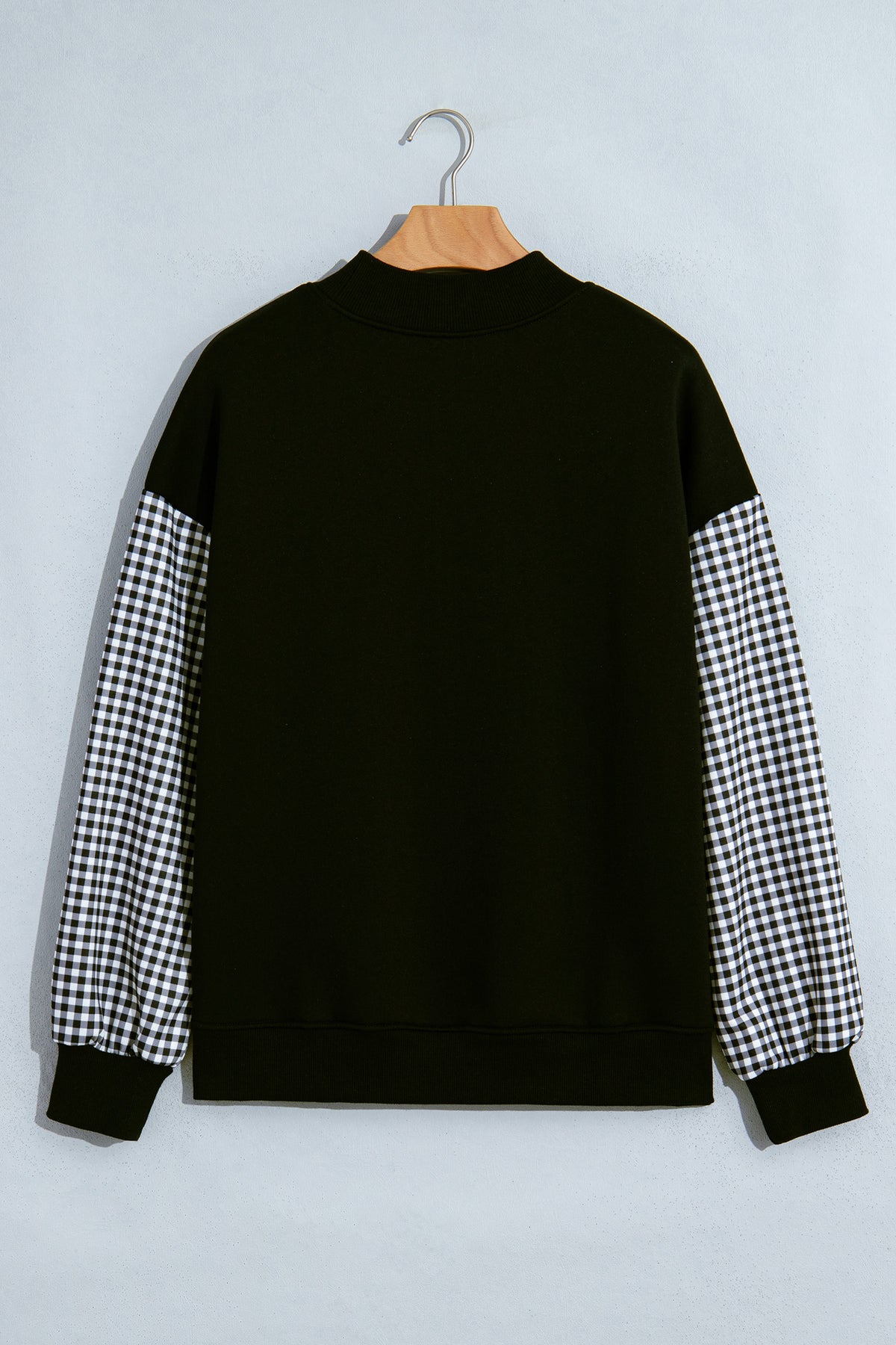 Coffee Plaid Sleeve Colorblock Loose Tunic Sweatshirt
