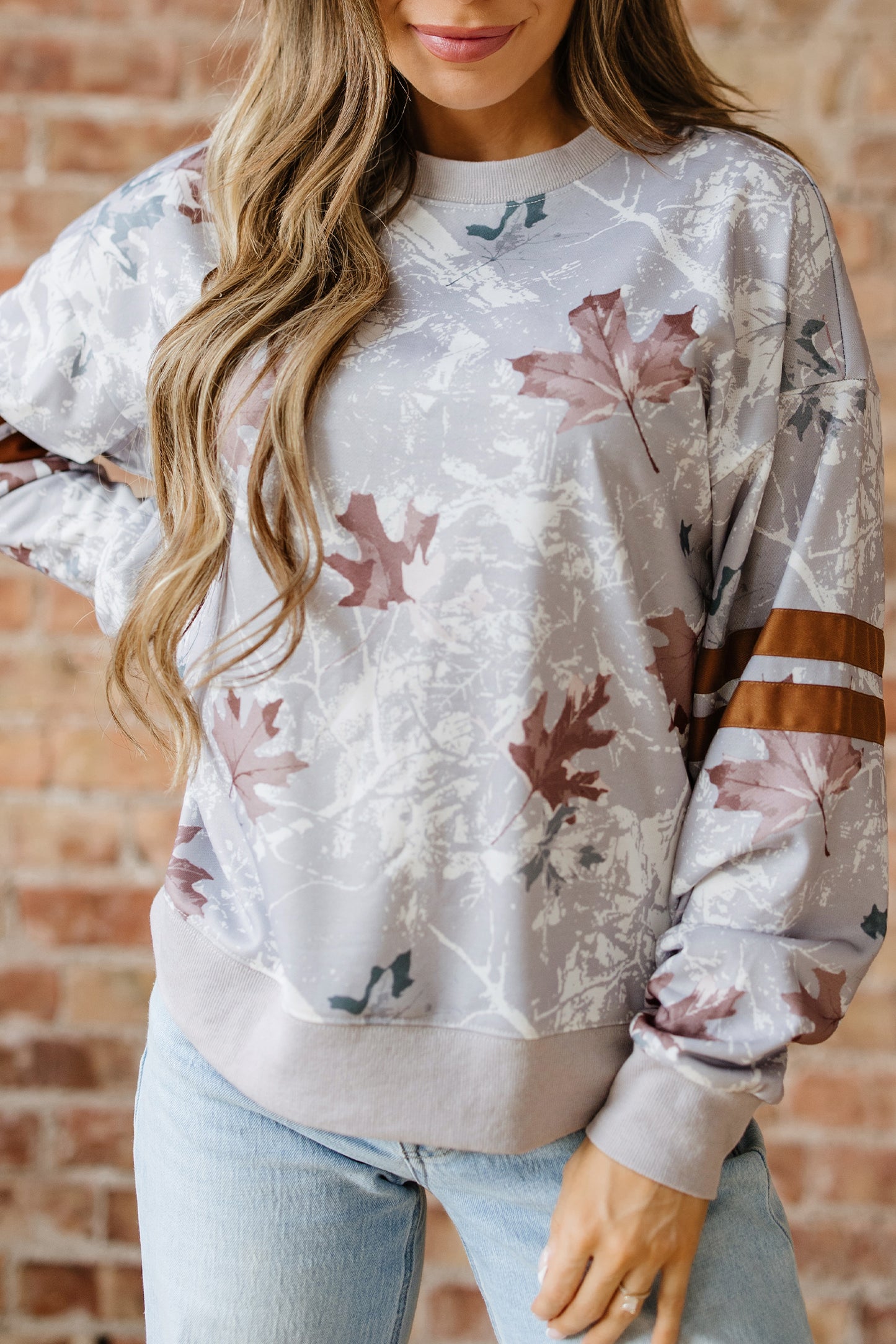 Gray Maple Leaf Camo Print Varsity Striped Sleeve Casual Sweatshirt
