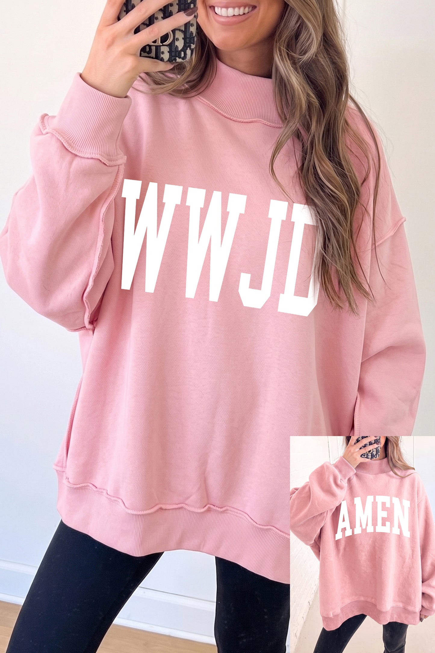 Light Pink WWJD/ AMEN Double Side Printed Mock Neck Reversible Sweatshirt