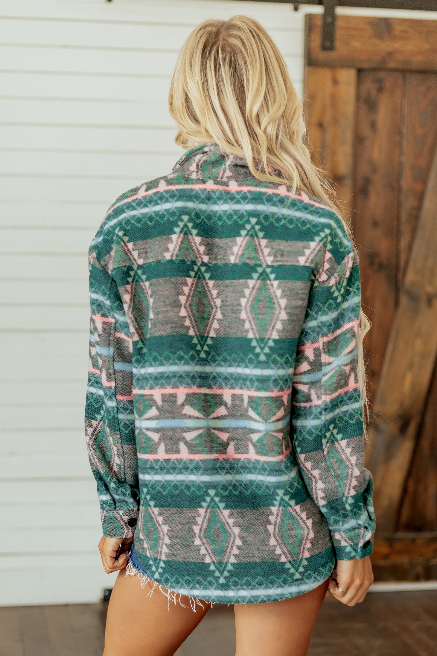 Green Geometric Print Button Front Long Sleeve Shacket