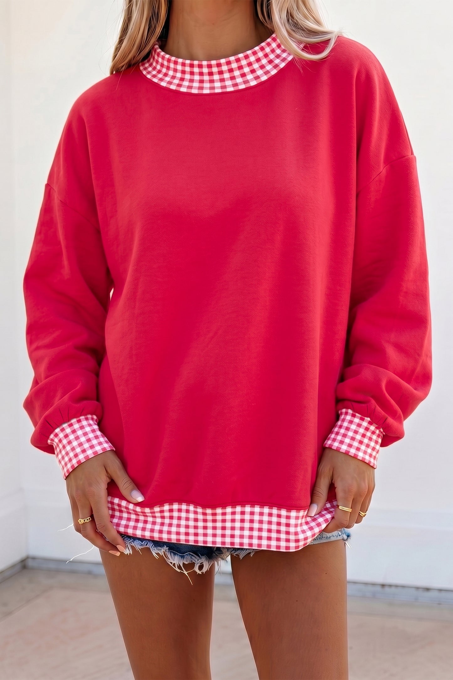 Brown Colorblock Polka Dot Contrast Trim Oversized Sweatshirt