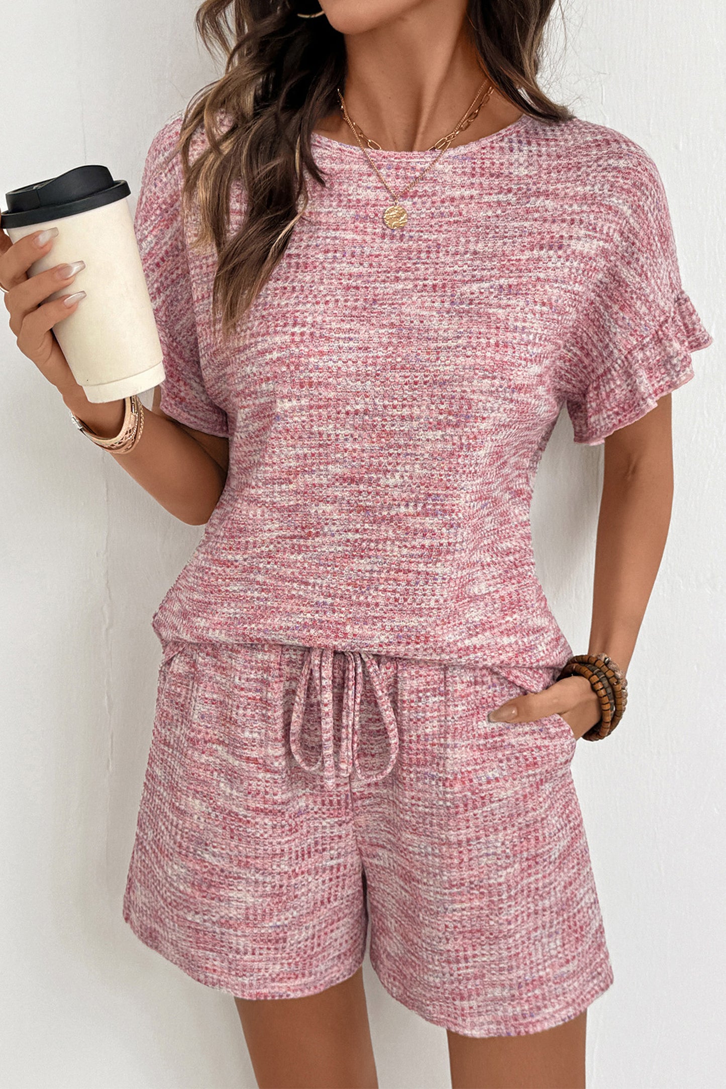 Light Pink Heather Textured Ruffle Sleeve Top and Drawstring Shorts Set