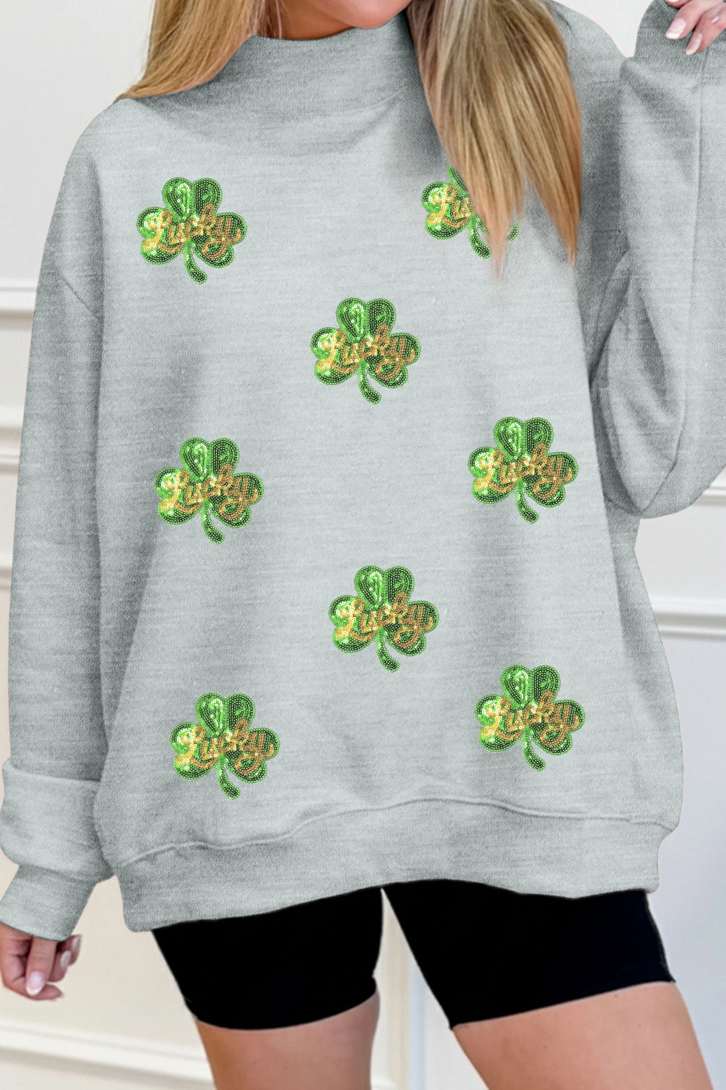 Gray Lucky Clover Sequin Graphic Mock Neck Sweatshirt